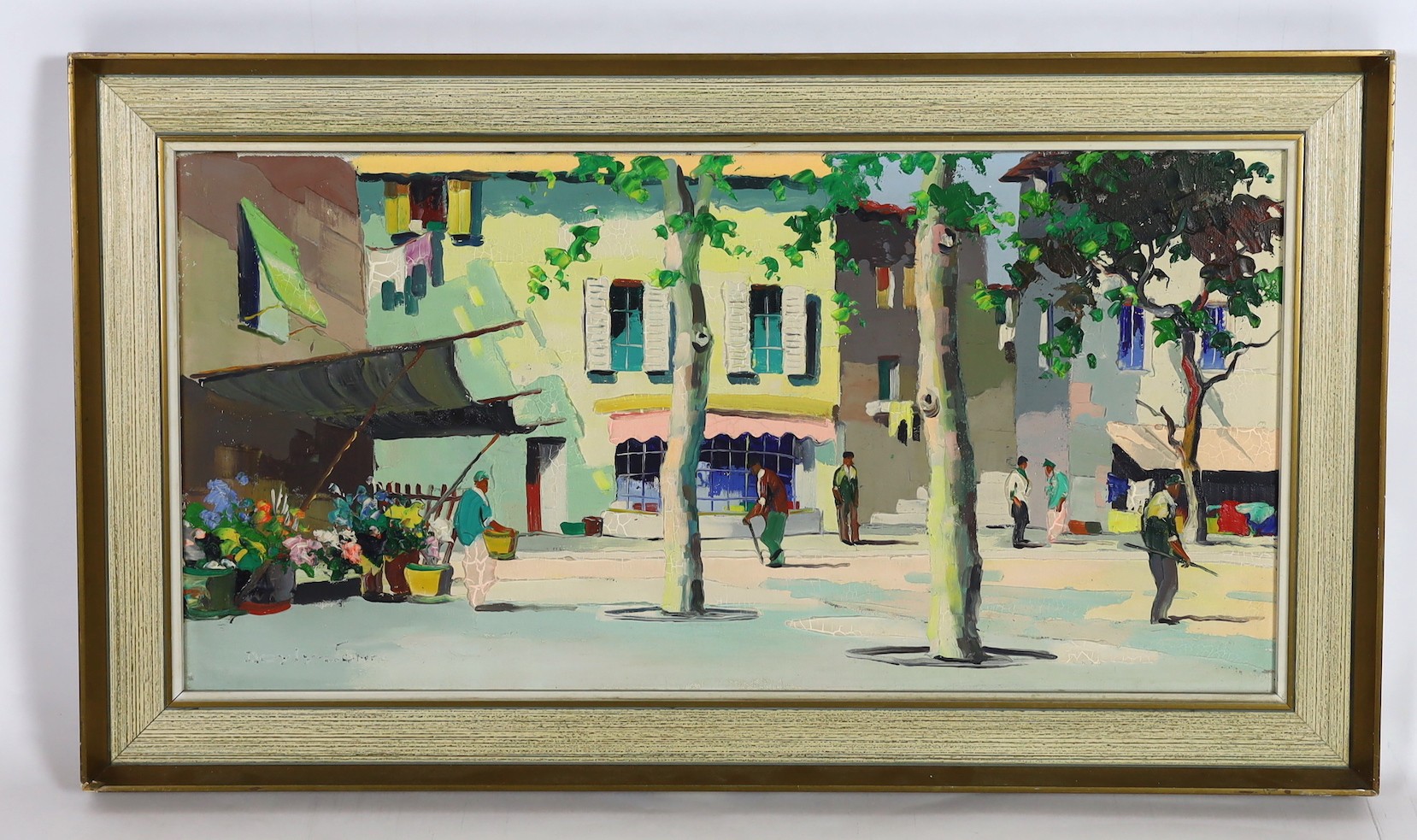 Cecil Rochfort D'Oyly John (British, 1906-1993), 'Near Flower Market in Cannes, South of France', oil on canvas, 35 x 70cm